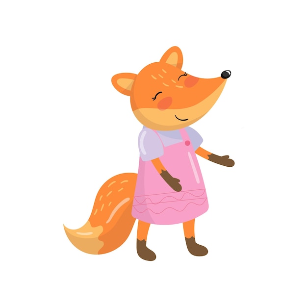Divertido personaje de zorro naranja animal del bosque humanizado en sarafan rosa y camiseta morada elemento de vector plano de dibujos animados para niños libro postal o cartel