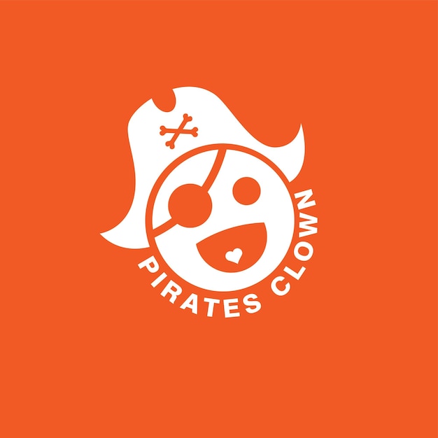 Vector divertido, piratas, payaso, cráneo, con, piratas, sombrero, logotipo, diseño, aislado, fondo naranja