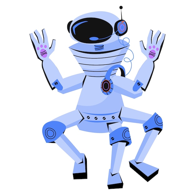 Divertido robot de juguete amigable agitando las manos ilustración de vector plano de dibujos animados aislado sobre fondo blanco Juguete mecánico robótico electrónico para niños Personaje de dibujos animados de robot espacial