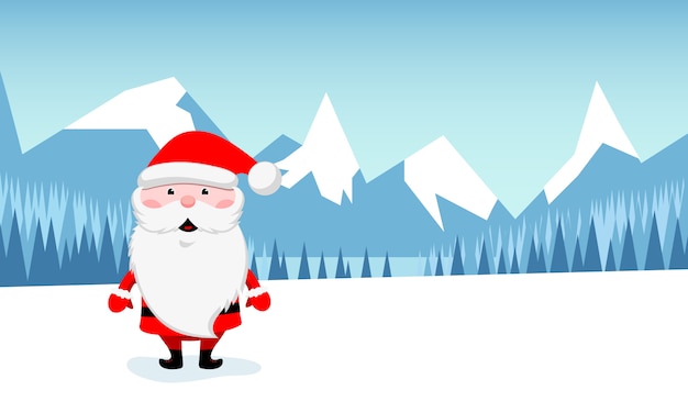Divertido Santa Claus y la ilustración de paisaje de montaña de invierno.