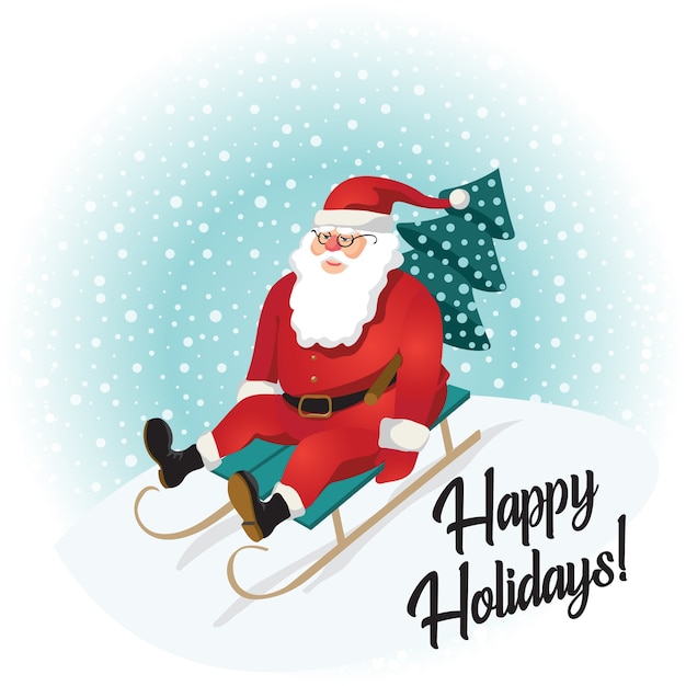 Divertido Santa Claus en trineo con montañas