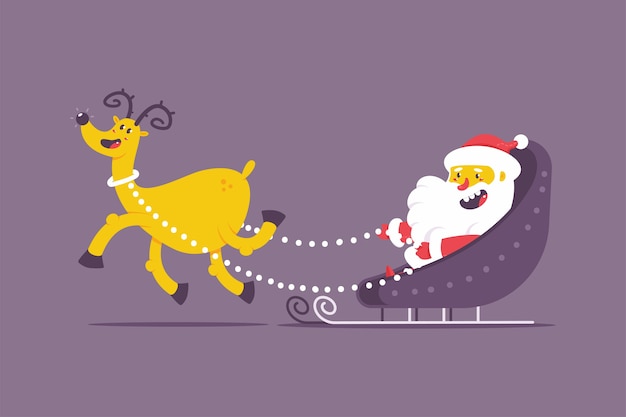 Divertido Santa Claus en trineo de Navidad con personaje de dibujos animados de vector de renos aislado en