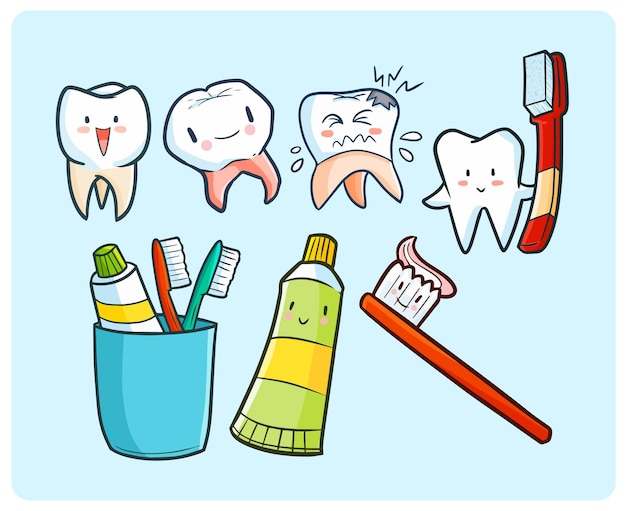 Vector divertido tema de dientes y cepillos de dientes en estilo kawaii doodle