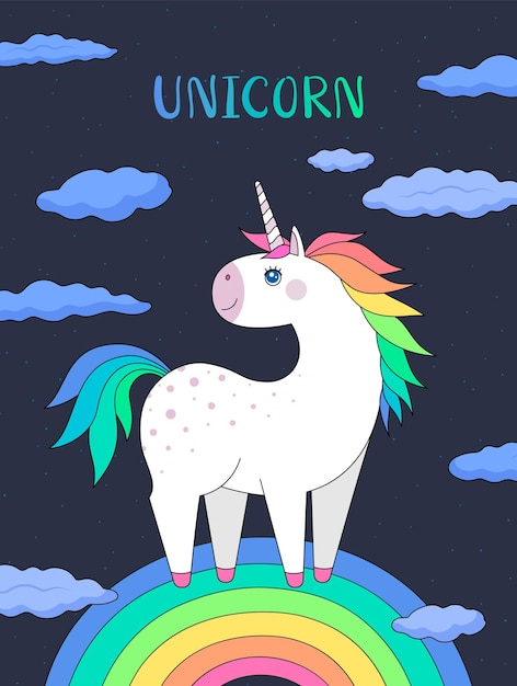 Vector un divertido unicornio blanco se encuentra en un arco iris. melena multicolor. cielo estrellado y nubes azules. ilustración de vector de estilo plano. para diseño, postales, carteles, grabados, portadas.