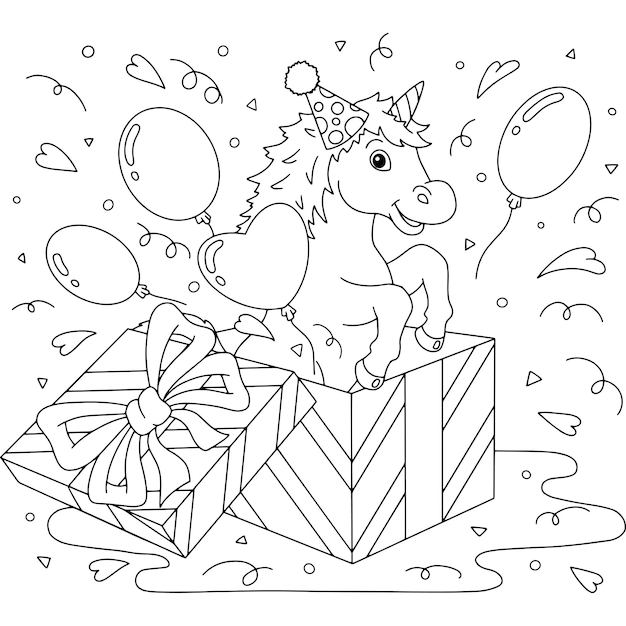 Un divertido unicornio salta de una caja de regalo Tema de cumpleaños Caballo lindo Página de libro para colorear para niños