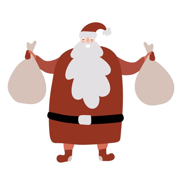 Divertido vector dibujado a mano Santa Claus con bolsas en sus manos con muchos regalos sorpresa Feliz Navidad. Ilustración De Bebé