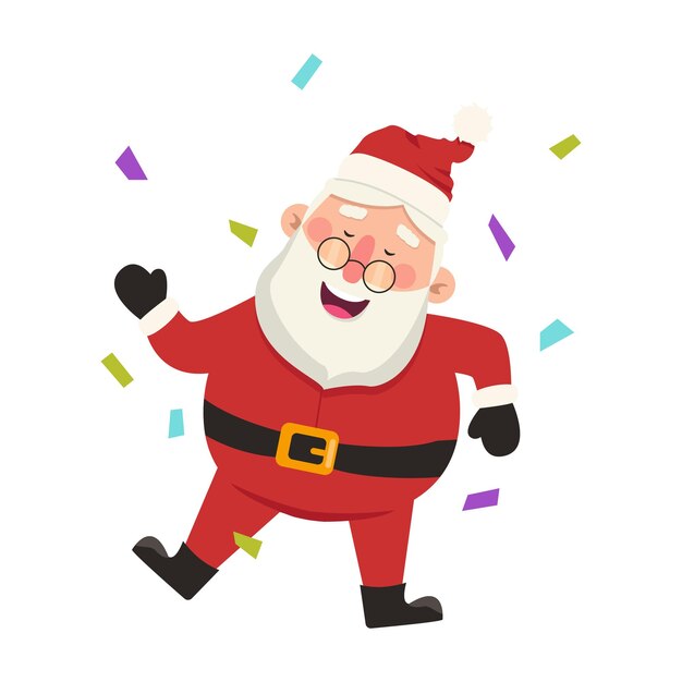 Divertido vector Santa Claus bailando bajo confeti cayendo.