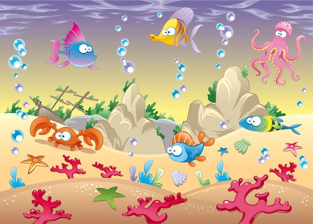 Divertidos animales marinos y peces Vector Premium