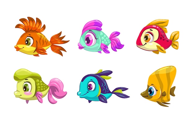 Vector divertidos dibujos animados coloridos peces conjunto vector iconos aislados en blanco