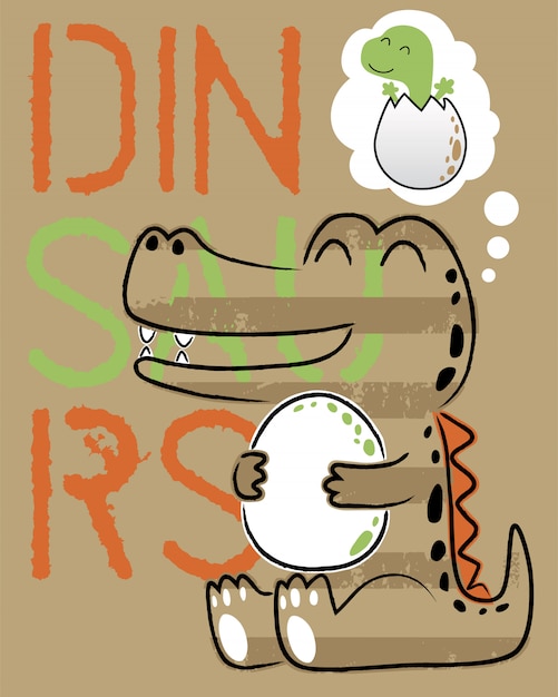 Divertidos dibujos animados de dinosaurios con su huevo.