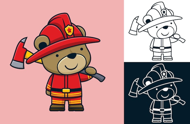 Vector divertidos dibujos animados de oso con uniforme de bombero mientras sostiene el hacha de bombero