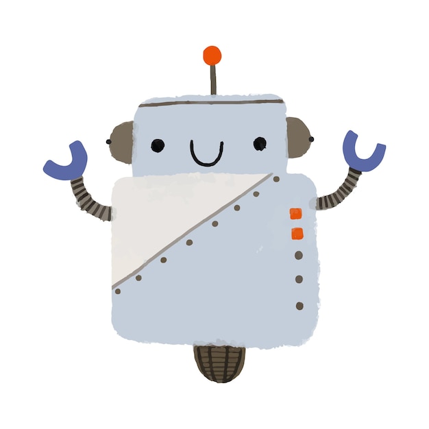 Divertidos dibujos animados robots cyborg personajes sonrientes en ilustración plana aislado sobre fondo blanco.