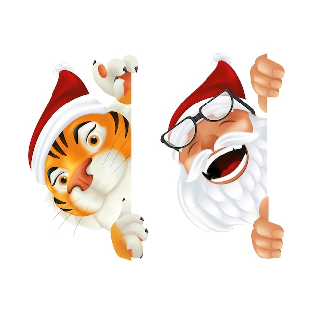 Vector divertidos dibujos animados de santa claus y el tigre - símbolo del año según el calendario chino. riendo y sonriendo personajes navideños asomándose desde detrás de la esquina vertical o un cartel aislado sobre fondo blanco.