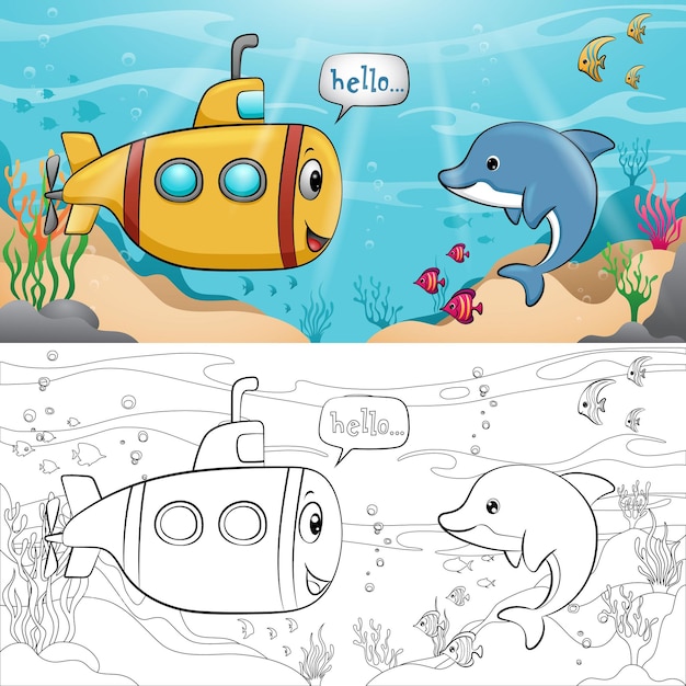 Divertidos dibujos animados de submarinos amarillos con animales marinos Libro para colorear o página