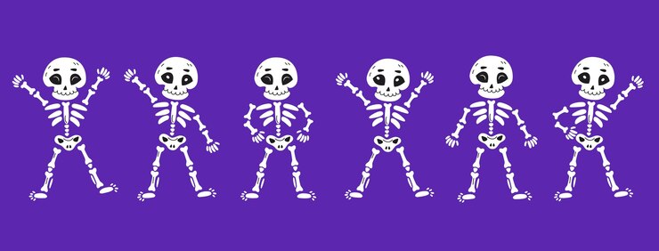 Vector divertidos esqueletos bailando en estilo de dibujos animados dibujados a mano. día de muertos, ilustración de vector de concepto de halloween.