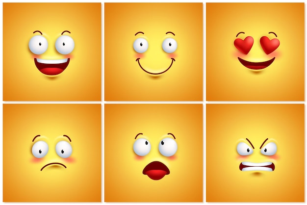 Divertidos fondos de papel tapiz de póster vectorial emoji con diferentes expresiones faciales y emociones