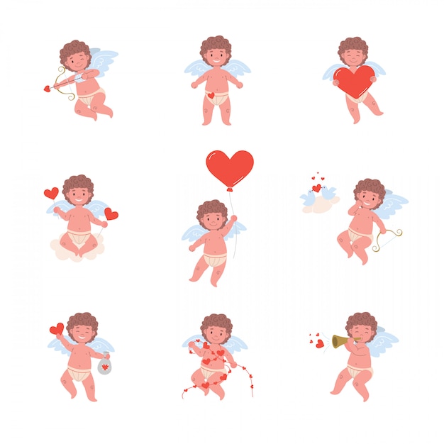 Divertidos personajes de ángel de cupido en diferentes poses para el día de San Valentín