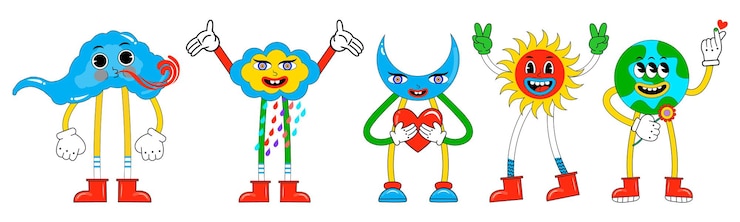 Vector divertidos personajes de dibujos animados en estilo retro de moda tierra, viento, arco iris, luna y sol