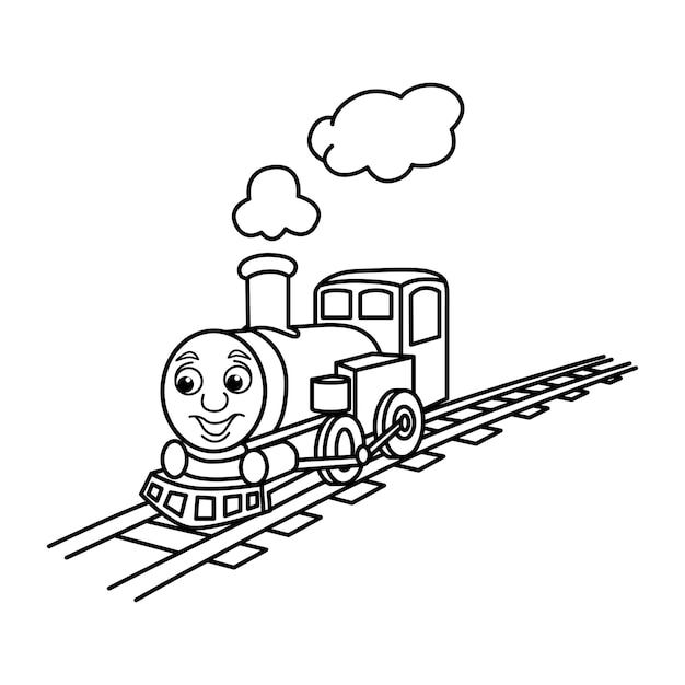 Divertidos personajes de dibujos animados de trenes con cara linda ilustración vectorial Para niños libro para colorear