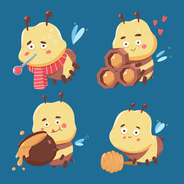 Divertidos personajes de dibujos animados de vector de abeja conjunto aislado sobre fondo