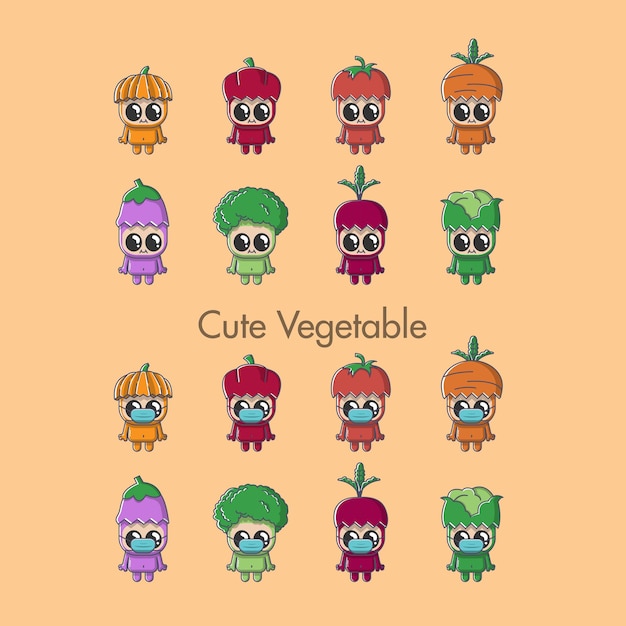 Divertidos personajes de dibujos animados vegetales, con máscara y sin máscara