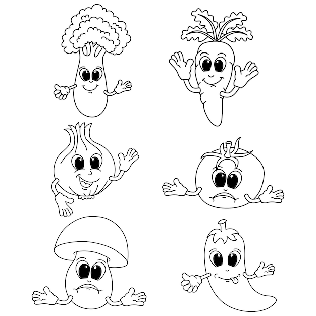 Divertidos personajes de dibujos animados de verduras vector ilustración para niños libro para colorear