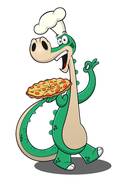 Divertidos personajes de dinosaurios que usan un gorro de cocinero y hacen gestos "perfectos" con los dedos mientras sirven una caricatura de pizza.