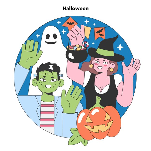 Vector divertidos personajes disfrazados de halloween disfrutando de trucos con elementos espeluznantes y una linterna