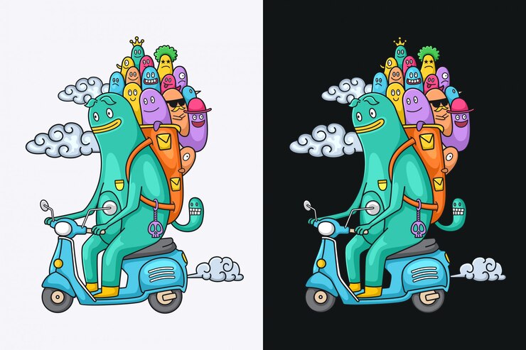 Vector divertidos personajes monstruos manejando una motocicleta