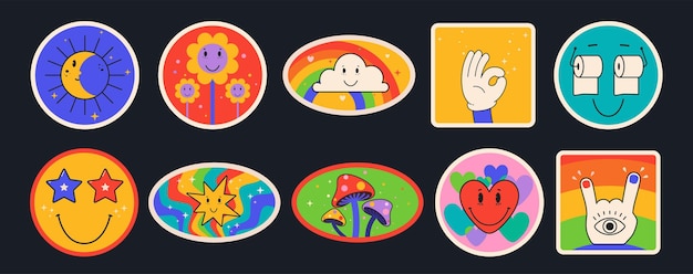 Divertidos personajes de pegatinas cómicas Conjunto de pegatinas de dibujos animados mano arriba sonrisa coloridos hongos luna arco iris con nubes papel higiénico corazón