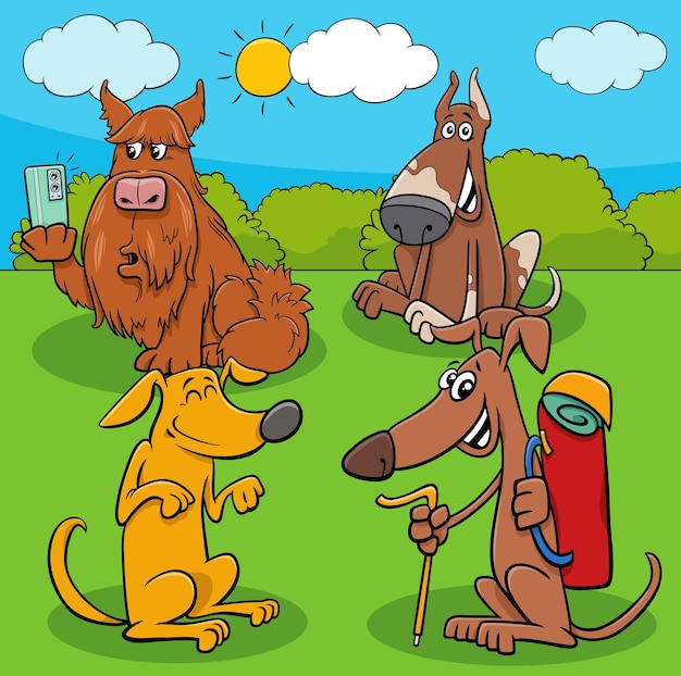 Divertidos personajes de perros y cachorros de dibujos animados al aire libre