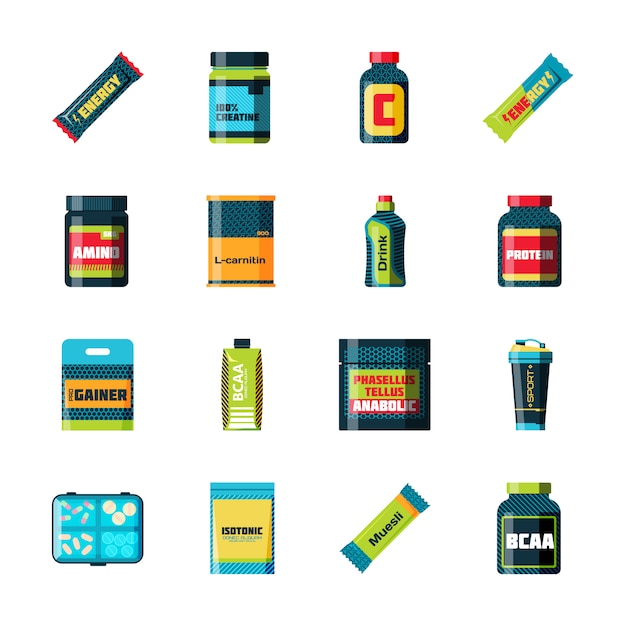 Se divierte iconos de la comida de la nutrición en el ejemplo detallado del vector del estilo plano. Alimentación deportiva nutrición alimentación sana alimentación deportiva nutrición fitness.