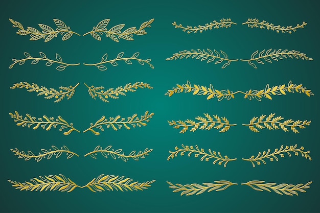 Vector divisores de adornos florales dorados en diseño dibujado a mano elementos de viñeteado de hierbas y ramitas paquete de adornos botánicos pergaminos decoración y rama decorativa ilustración vectorial