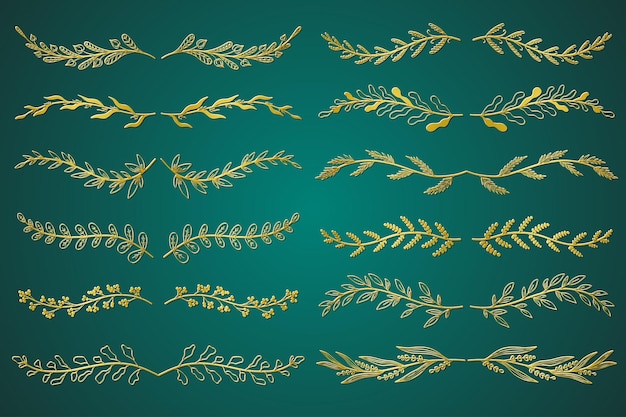 Divisores de adornos florales dorados en diseño dibujado a mano Hojas y ramitas elementos de grabado Paquete de adornos botánicos pergaminos decoración y rama decorativa Ilustración vectorial