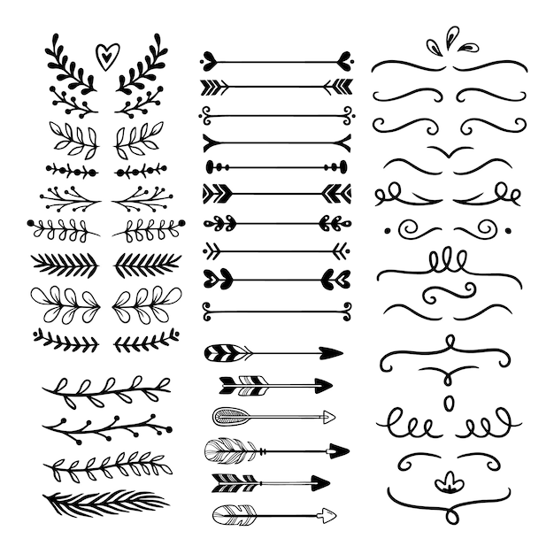 Vector divisores de adornos de flores. dibujado a mano decoración de vides, divisor floral ornamental y boceto deja adornos conjunto aislado