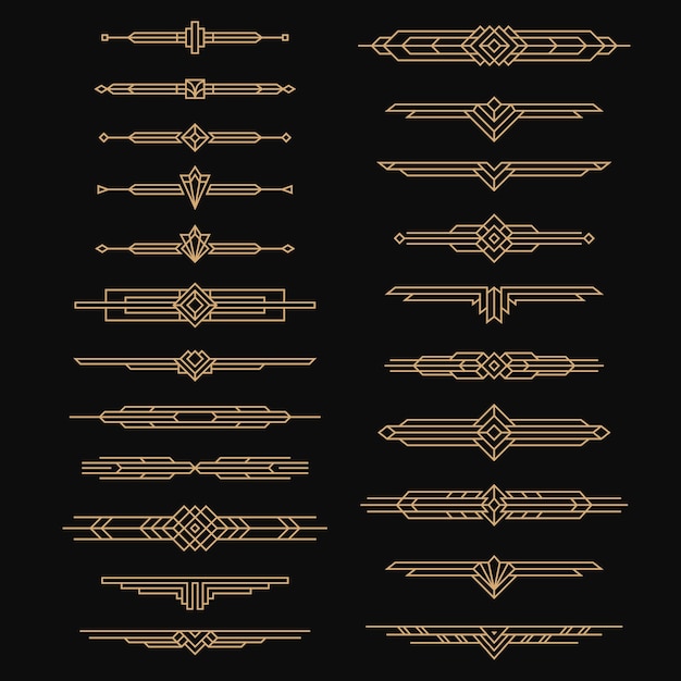 Divisores art deco. Artes artísticas vintage, estilo de encabezados de los años 30. Diseño de adornos, bordes y marcos, etiquetas de decoración dorada con líneas ordenadas en negro