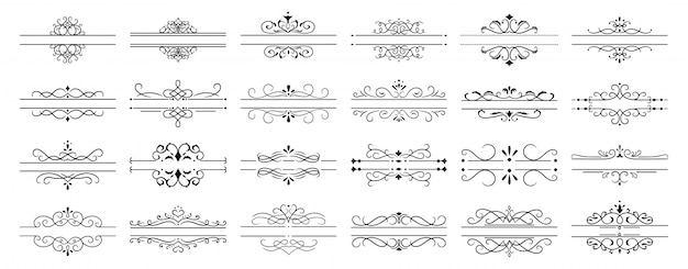 Divisores caligráficos. Bordes divisores de página retro decorativos, marco caligráfico de boda y remolinos ornamentales marcos florales conjunto de iconos vintage