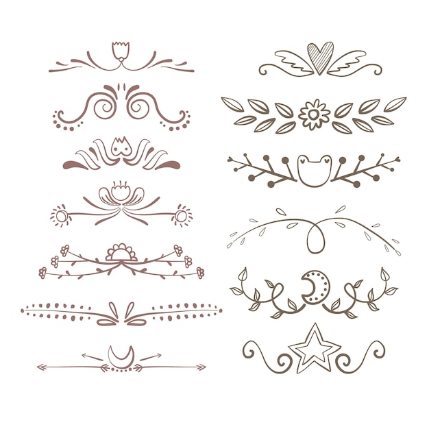 Divisores decorativos de invierno dibujados a mano Fronteras de copos de nieve Decoración navideña y ornamentos florales