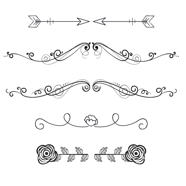 Divisores decorativos de invierno dibujados a mano Fronteras de copos de nieve Decoración navideña y ornamentos florales