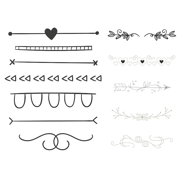 Vector divisores decorativos línea de corazón viraje de flecha elementos para la decoración florecimiento caligráfico o nombre