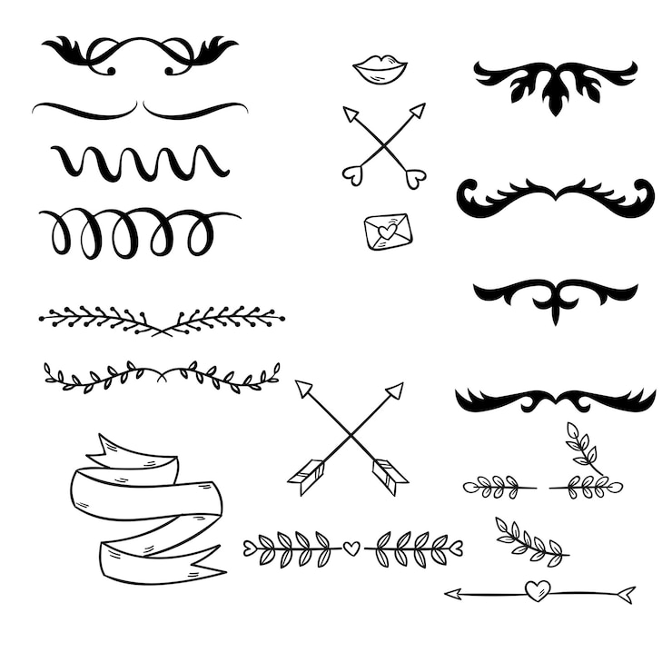 Vector divisores decorativos línea de corazón viraje de flecha elementos para la decoración florecimiento caligráfico o nombre