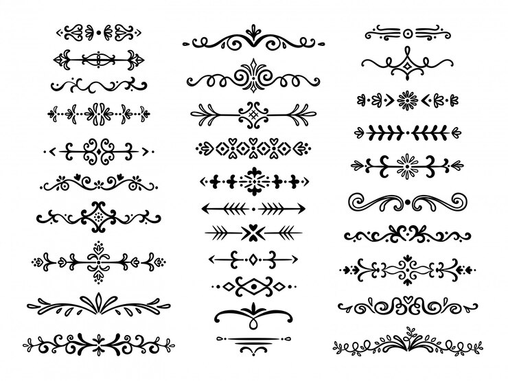 Divisores decorativos. Líneas de texto vintage dibujado a mano borde decoración elementos de diseño línea divisoria doodle separación