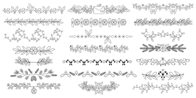 Vector divisores de doodle de navidad. vacaciones de navidad fronteras florales, flores ornamentales, hojas y divisores de bayas conjunto de ilustraciones vectoriales. separadores florales de navidad