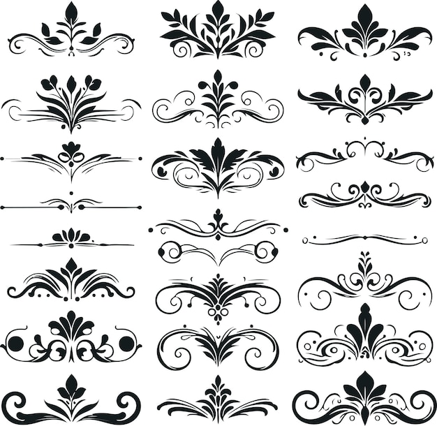 Divisores florales ornamentales y separadores decorativos dibujados a mano sobre un fondo blanco sólido