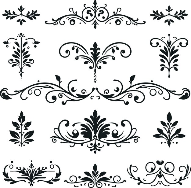 Divisores florales ornamentales y separadores decorativos dibujados a mano sobre un fondo blanco sólido