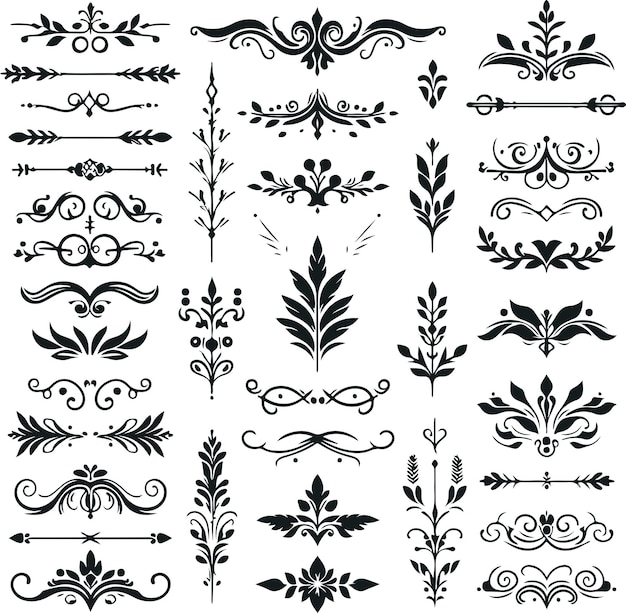 Divisores florales ornamentales y separadores decorativos dibujados a mano sobre un fondo blanco sólido