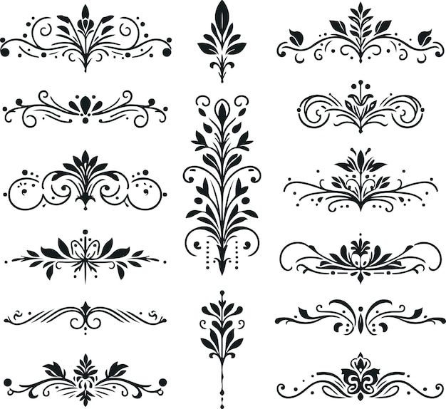Divisores florales ornamentales y separadores decorativos dibujados a mano sobre un fondo blanco sólido
