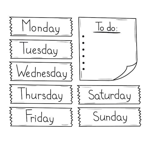 Divisores y notas de días de la semana dibujados a mano plantillas de garabatos de esquema