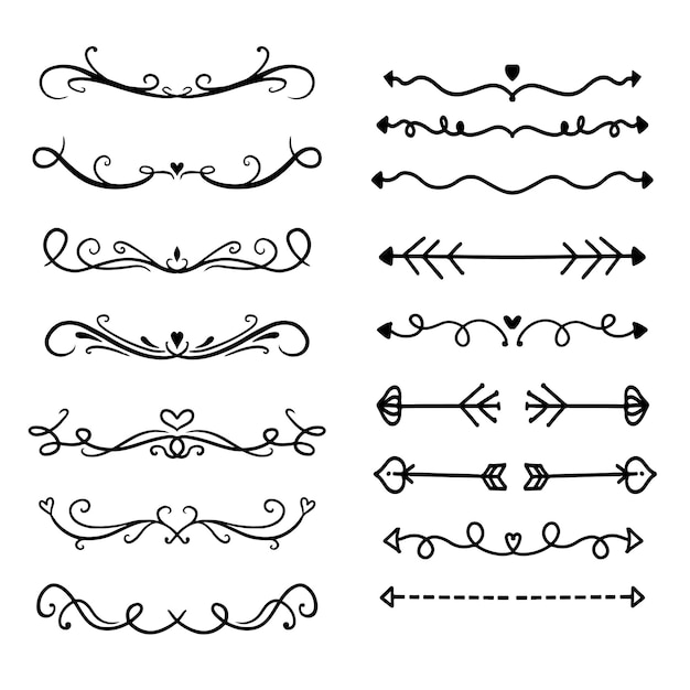 Divisores de texto conjunto de garabates elementos decorativos de bodas bordes de adornos líneas vector dibujado a mano i