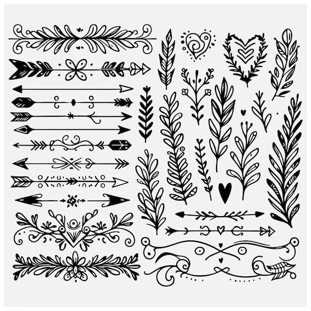 Divisores de texto conjunto de garabates flechas Boho elementos decorativos de boda con hojas remolinos corazones